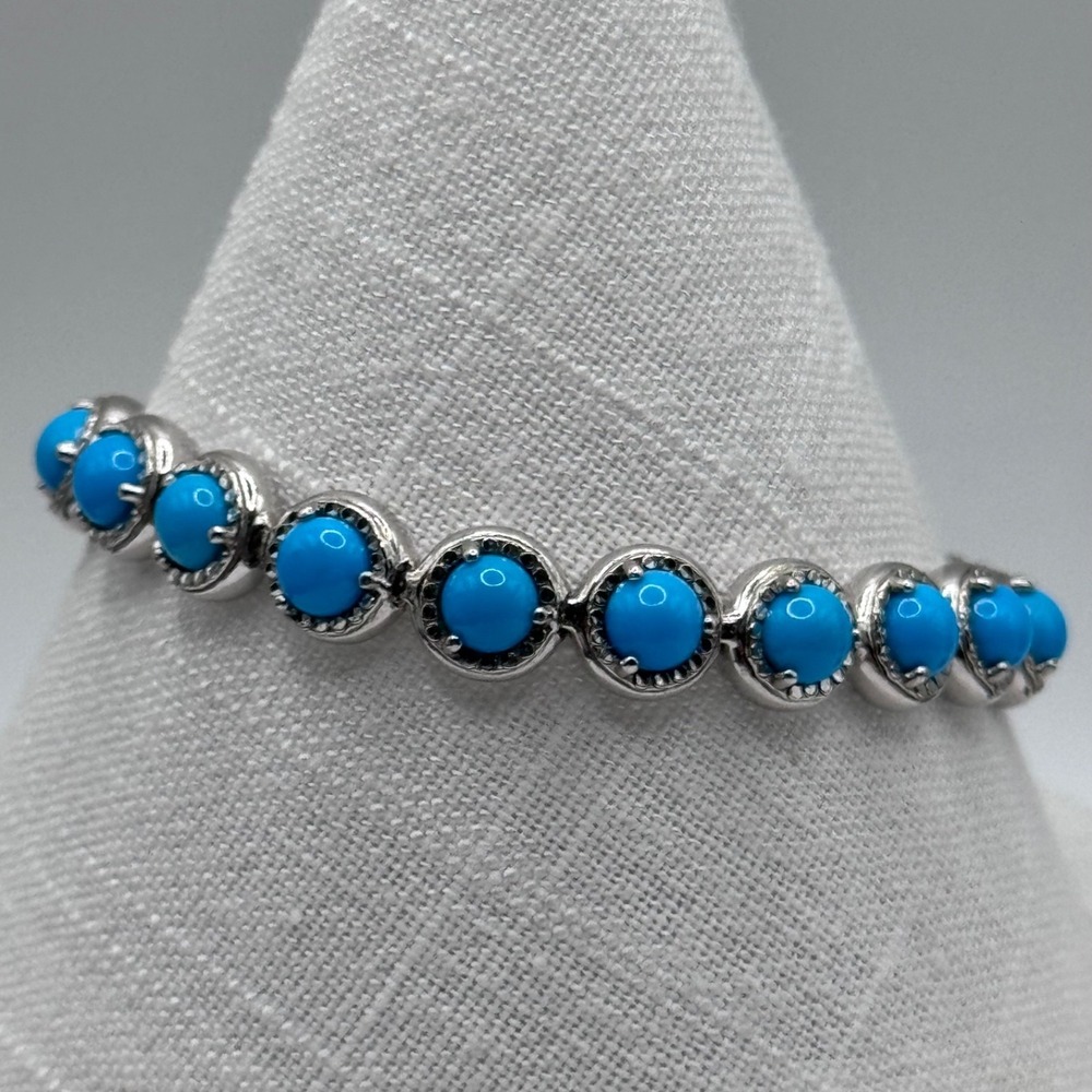 QVC Sleeping Beauty Turquoise Sterling Silver Diamond Cut Tennis Bracelet READ
